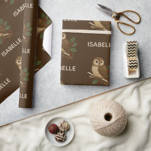 Papel De Presente bordado russo-marrom coruja de Natal com Holly