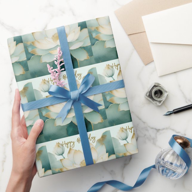 Papel De Presente Bordas de ouro de flor de lótus Feliz Aniversário (Presentear)