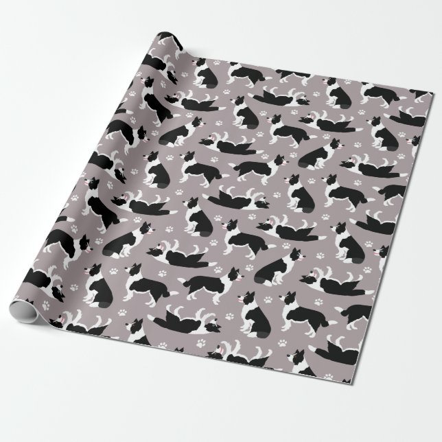 Papel De Presente Border Collie and Paw Print Wrapping Paper (Desenrolado)