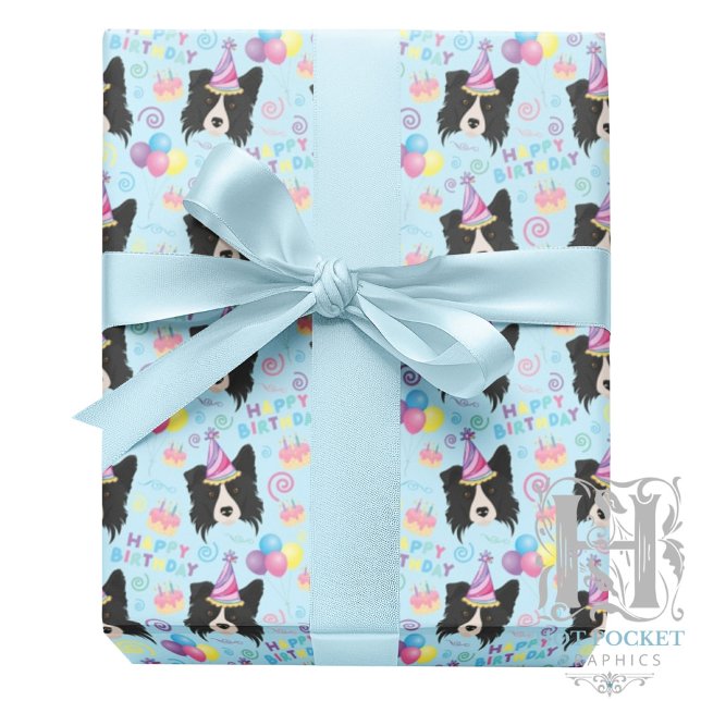 Papel De Presente Border Collie Birthday Gift Wrapping Paper Blue (Criador carregado)