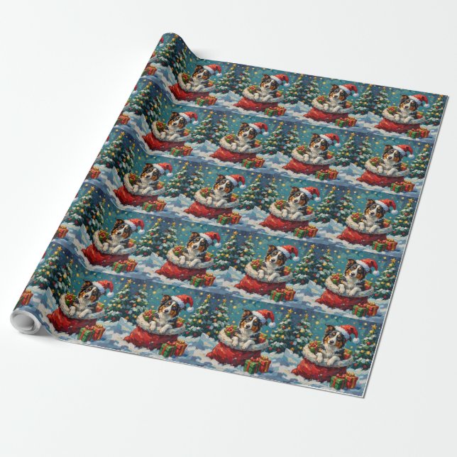 Papel De Presente Border Collie Christmas Santa Bag Adventure (Desenrolado)