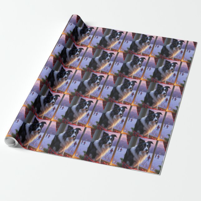 Papel De Presente Border Collie Com Luzes de Natal Feriado (Desenrolado)