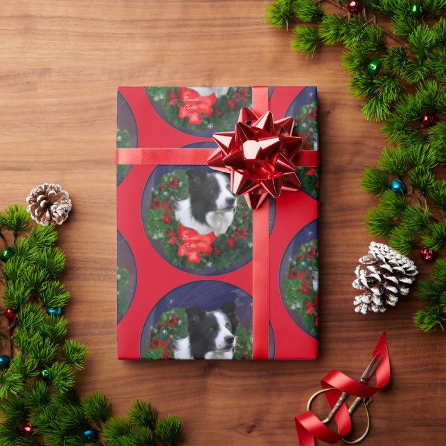 Papel De Presente Border Collie Wreath Natal (Presente de Natal)