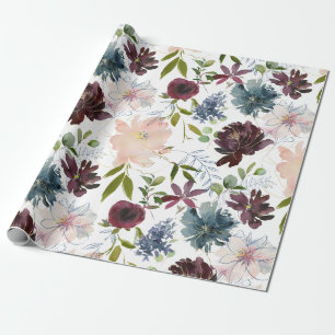 Papel De Presente Bordô, Azul Marinho e Floral Bege