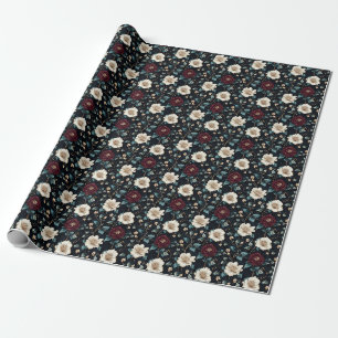 Papel De Presente Bordô e Marfim Floral em Preto