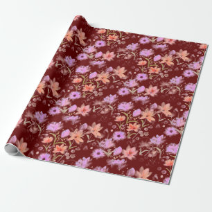 Papel De Presente Bordô e Rosa Bege Padrão Floral Vintage