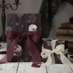 Papel De Presente Bordô Escuro Godico Caveira & Listras de Rosa
