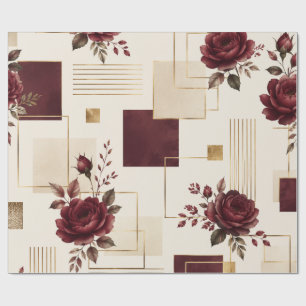 Papel De Presente Bordô Floral Geométrico