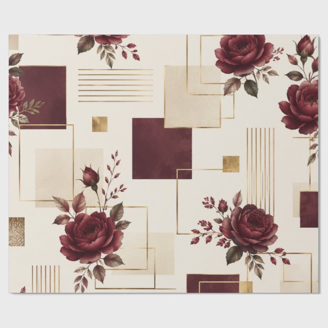 Papel De Presente Bordô Floral Geométrico  (Aberto)