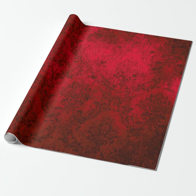 Papel De Presente Bordô Natalino Vermelho Grunge Damask (Desenrolado)