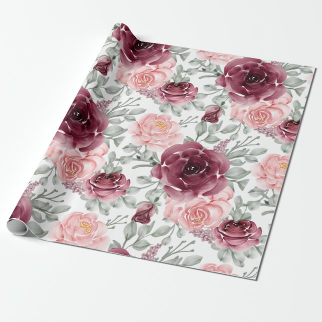 Papel De Presente Borgonha borrifada com aquarela floral (Desenrolado)