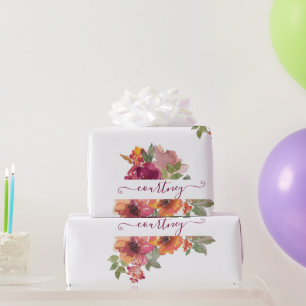 Papel De Presente Borgonha e cor d'água laranja florais personalizad