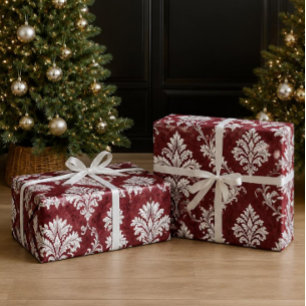 Papel De Presente Borgonha Elegante, Natal em Damasco Branco Vitoria