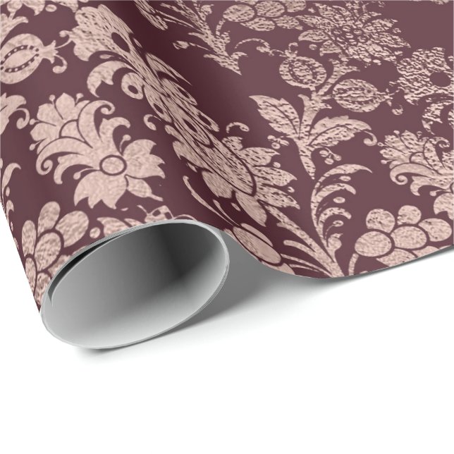 Papel De Presente Borgonha Maroon Rosa Rosa Dourada Floral Real (Ponta do rolo)