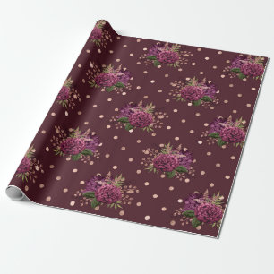 Papel De Presente Borgonha - Marsala e Floral em Dourado Rosa