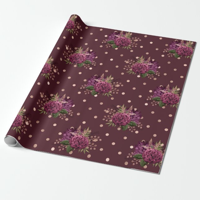 Papel De Presente Borgonha - Marsala e Floral em Dourado Rosa (Desenrolado)