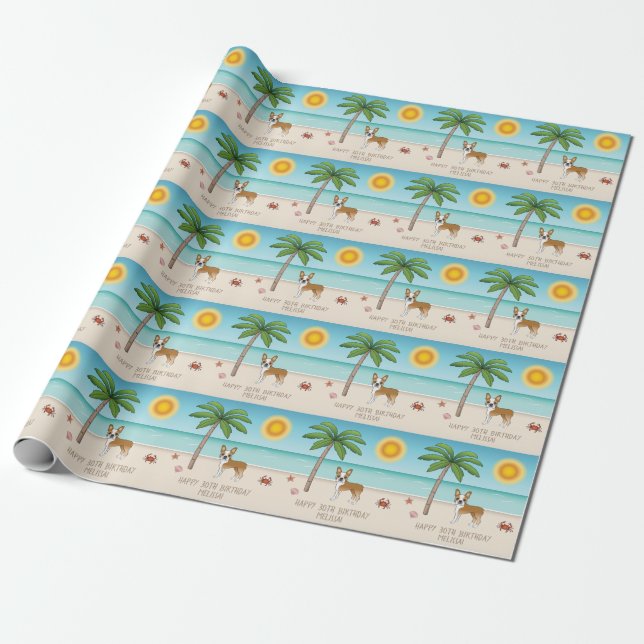 Papel De Presente Boston Terrier Cervino em uma Praia Tropical de Ve (Desenrolado)