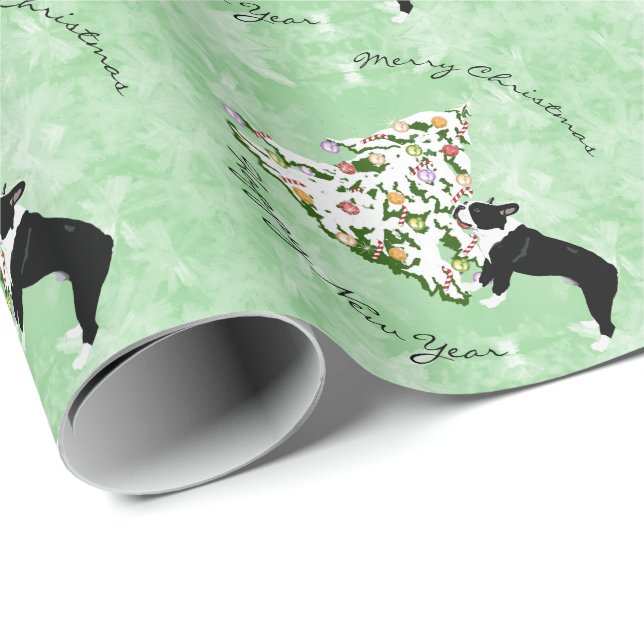 Papel De Presente Boston Terrier e árvore de Natal (Ponta do rolo)