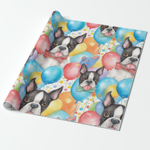 Papel De Presente Boston Terrier E Balões