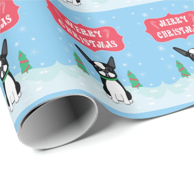 Papel De Presente Boston Terrier Feliz Natal (Ponta do rolo)