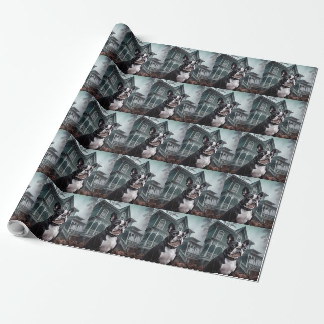 Papel De Presente Boston Terrier Halloween Assustador (Desenrolado)