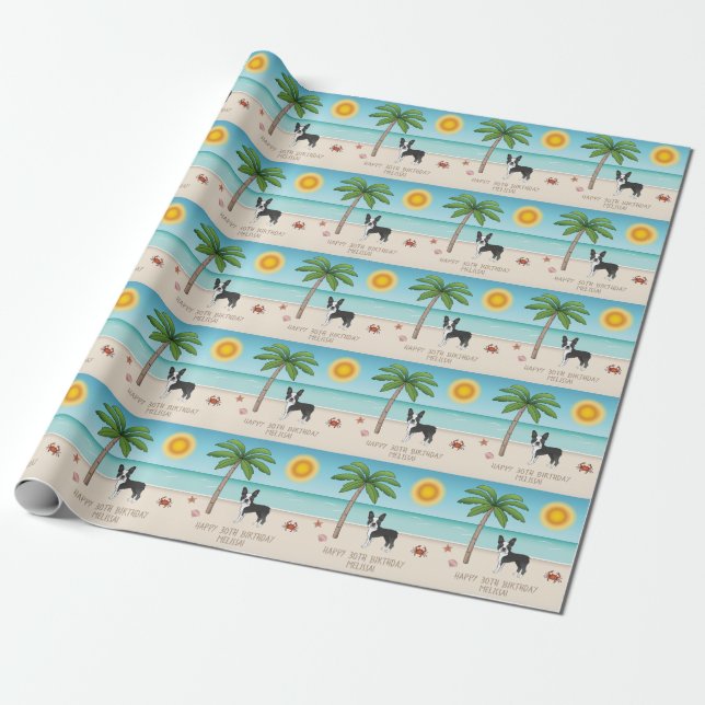 Papel De Presente Boston Terrier Preto em uma Praia Tropical de Verã (Desenrolado)