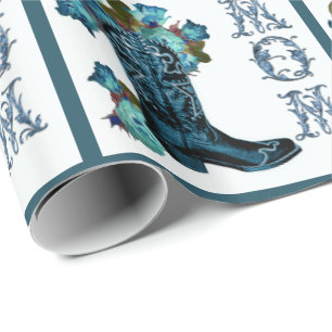 Papel De Presente Bota Cowboy Azul Com Flores Embrulho de Presente p
