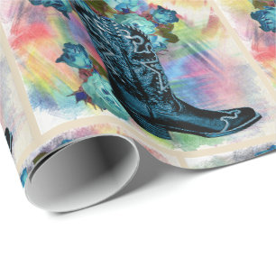 Papel De Presente Bota De Cowboy Azul Ocidental Com Rosas Em Cor De