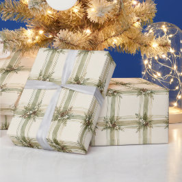 Papel De Presente Botânica de Inverno Xadrez Aquarela Chalé Aquarela