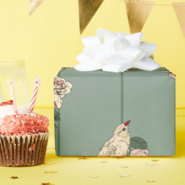 Papel De Presente Botânica Elegante com Aves e Flores de Creme