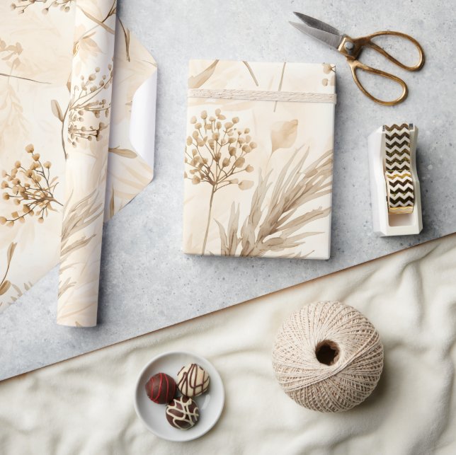 Papel De Presente Botânica Flor Seca Bege (Artesanato)