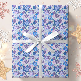 Papel De Presente Botânica Floral Azul de Natal Moderno