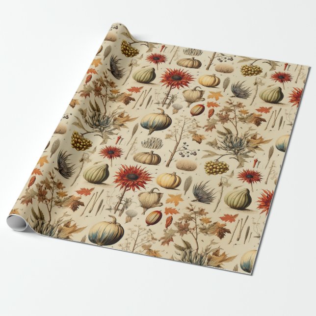 Papel De Presente Botânica Outonal Rústica com Abóboras e Grãos (Desenrolado)