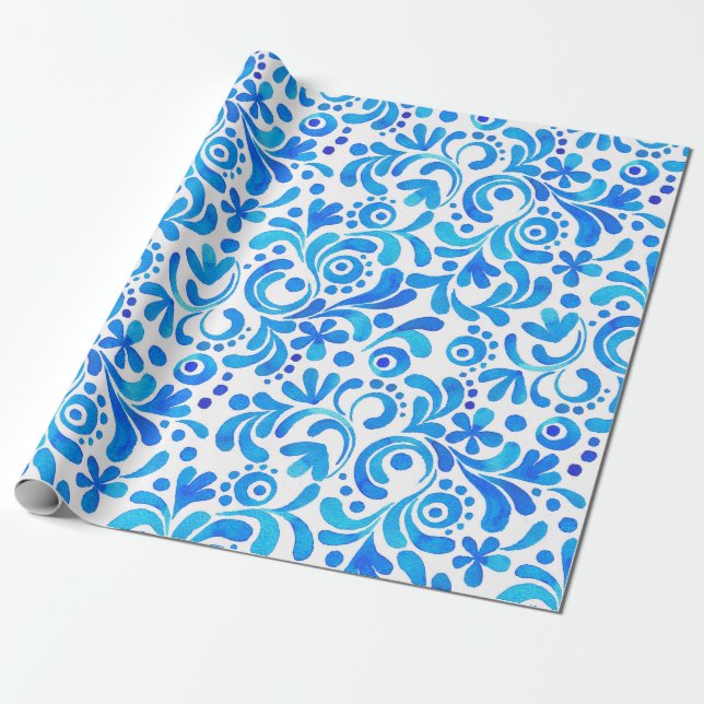 Papel De Presente Botânica Vibrante Azul e Branco (Desenrolado)