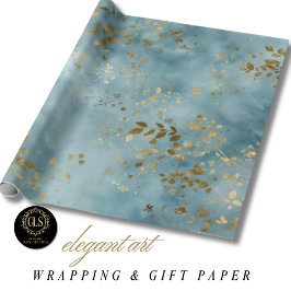 Papel De Presente Botanical Gold Leaves Nature Pattern Teal