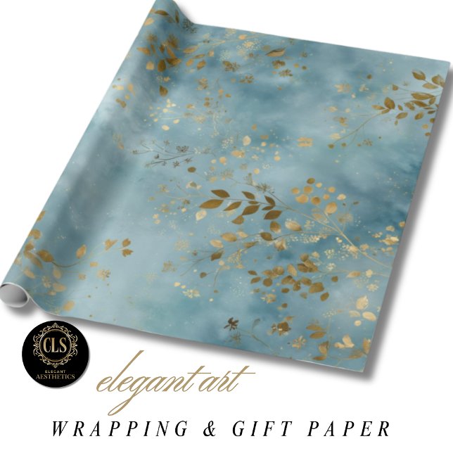 Papel De Presente Botanical Gold Leaves Nature Pattern Teal (Boho Golden Leaves Teal Gifting Aesthetic Wrapping Paper)