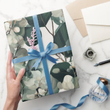 Botanical Green Eucalyptus White Floral Pattern