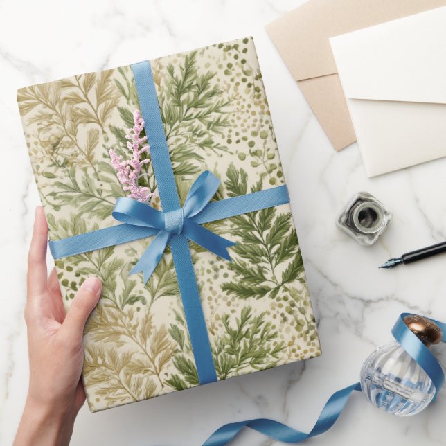 Papel De Presente Botanical Green Fern Beige Floral Pattern (Presentear)