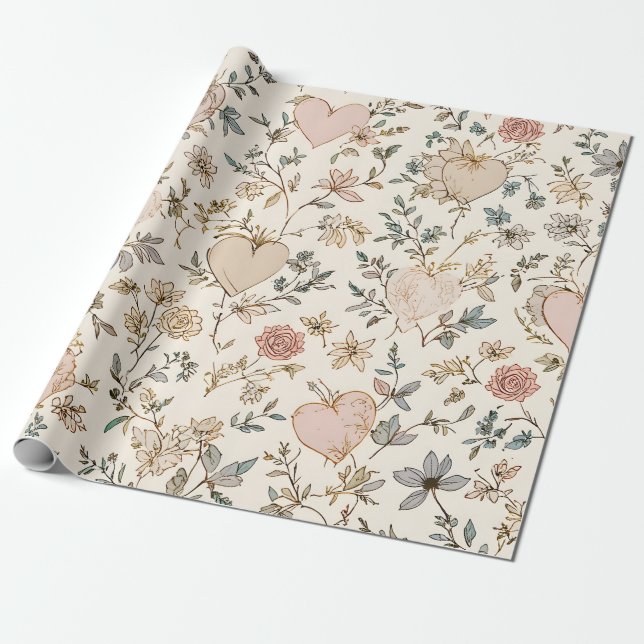 Papel De Presente Botanical Hearts Romantic Floral Valentine Pattern (Desenrolado)