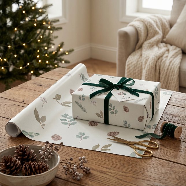 Papel de Presente Botânico de Inverno em Aquarela  (Watercolor Winter Botanical Ivory Elegant Holiday Wrapping Paper)