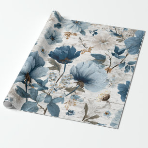 Papel De Presente Botânico Floral Vintage Pastel Azul Branco Rústico