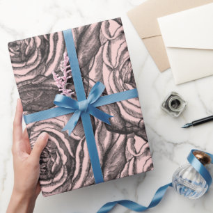 Papel De Presente Botânico preto elegante aumentou cora sobre rosa