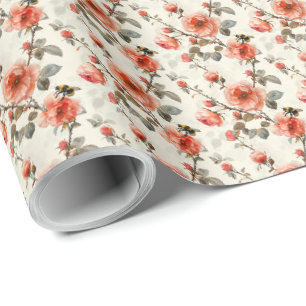 Papel de Presente Botânico Rosa Floral com Abelha