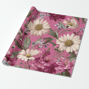 Papel De Presente Botânico Rosa Rústico Floral Ousado Vintage Boho 