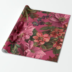 Papel De Presente Botânico Rosa Rústico Floral Ousado Vintage Boho
