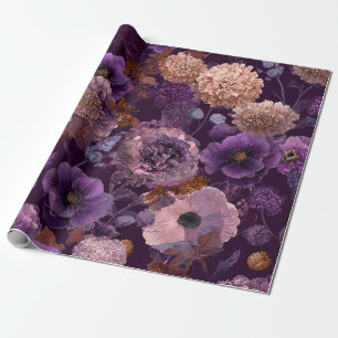 Papel De Presente Botânico Roxo Rústico Floral Ousado Vintage Boho 