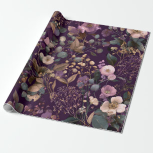 Papel De Presente Botânico Roxo Rústico Floral Ousado Vintage Boho 