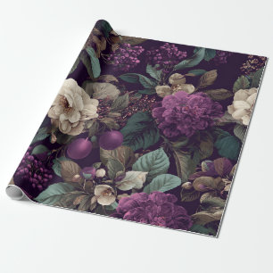 Papel De Presente Botânico Roxo Rústico Floral Ousado Vintage Boho 