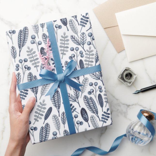 Papel De Presente Botânicos Azul Safira Elegantes (Presentear)