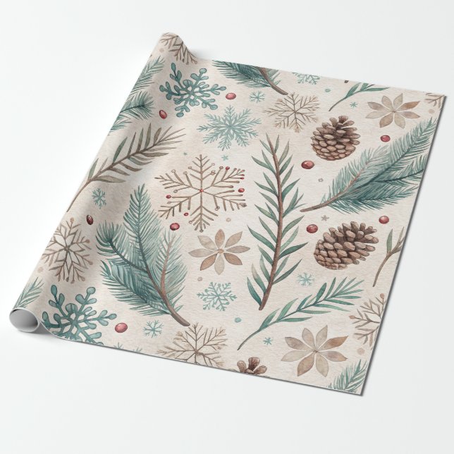 Papel De Presente Botânicos de Inverno & Flocos de Neve - Natal Rúst (Desenrolado)